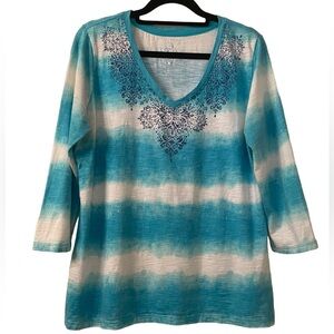 Made for life‎ woman’s aqua blue and white 3/4 sleeve top, petite large